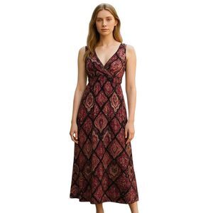 Pink Magenta & Black Geometric Paisley Ruffle Tier Halter Maxi Dress Sundress